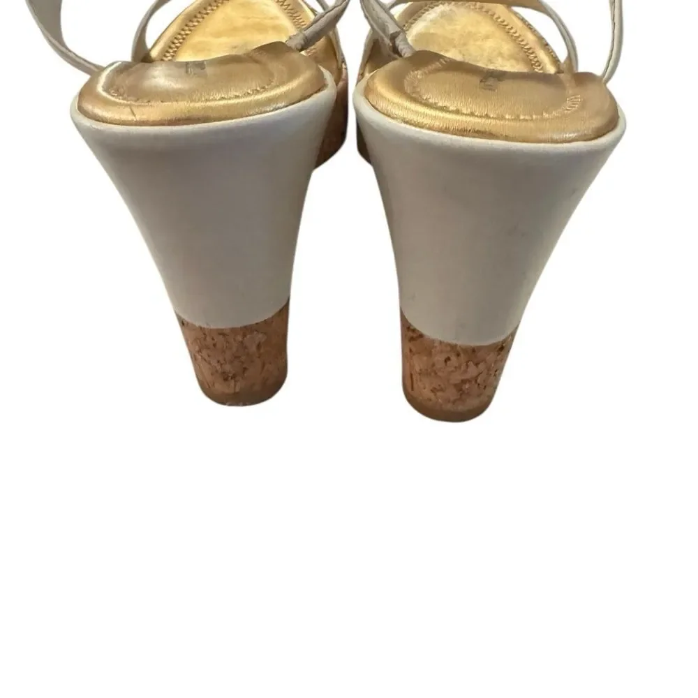Antonio Melani Leather Cream Cork Coral Jewelled Slide Wedge Sandals 8.5